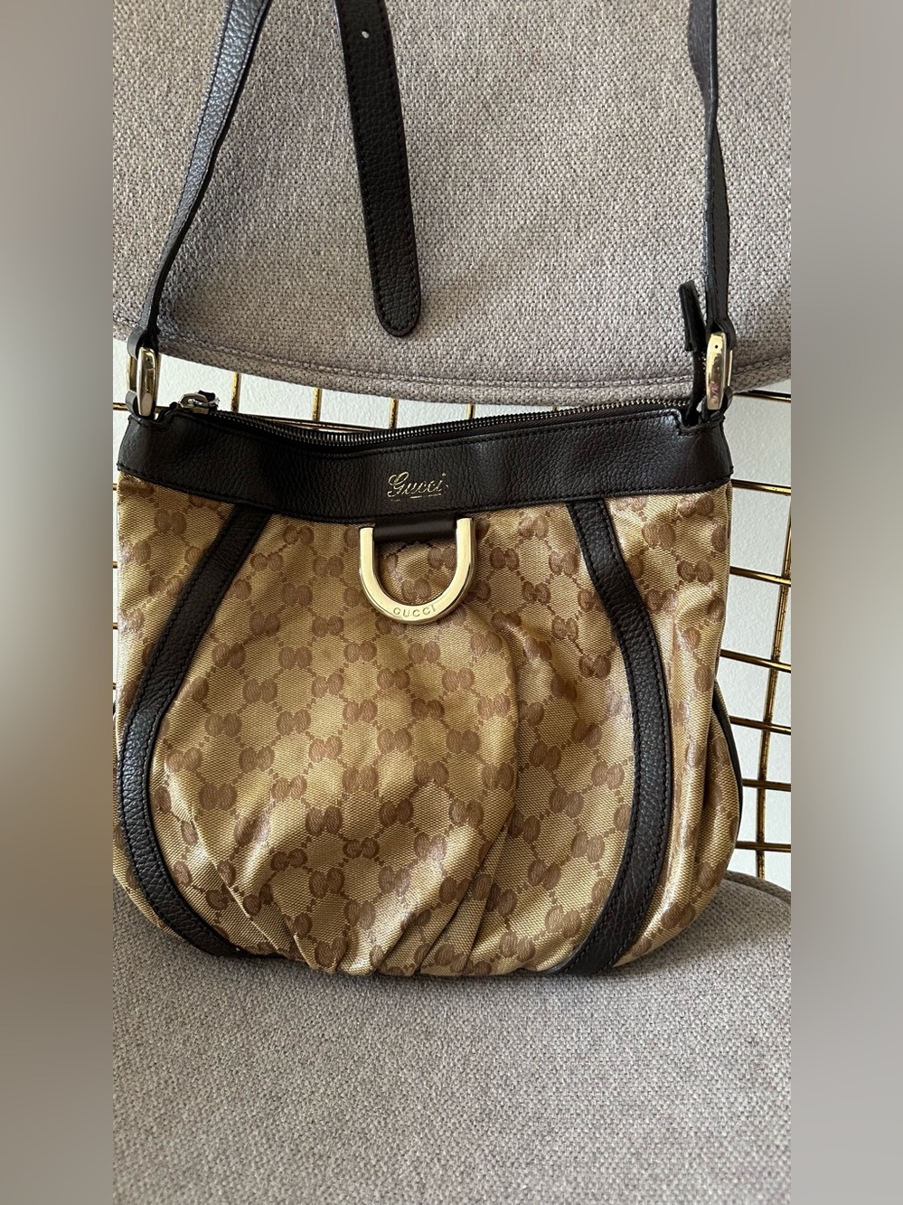 Crystal Monogram Small D Gold Ring Messenger Dark Brown